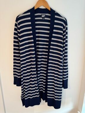 Lands’ End Navy and White Striped Knit Duster Cotton Sweater 1X